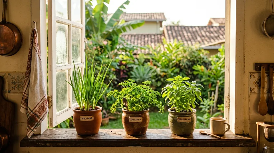 Vasos de cebolinha, salsinha e manjericão enfileirados numa janela iluminada pela luz da manhã