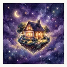 Ilustração onírica de uma casa contornada por luz suave flutuando sob um céu estrelado
