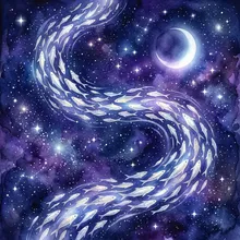 Ilustração onírica de peixes prateados nadando em curvas suaves sob um céu estrelado noturno