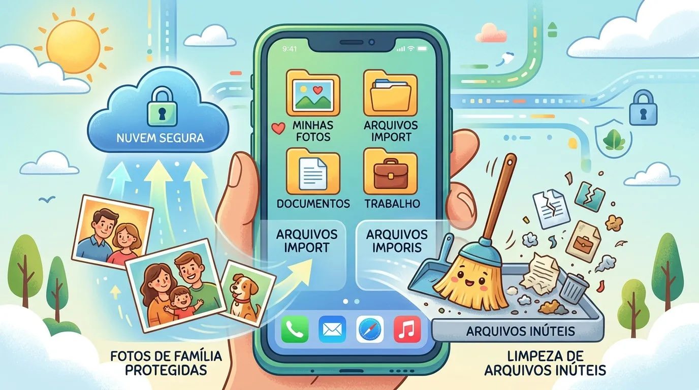 Ilustração didática de celular com arquivos organizados e nuvem segura