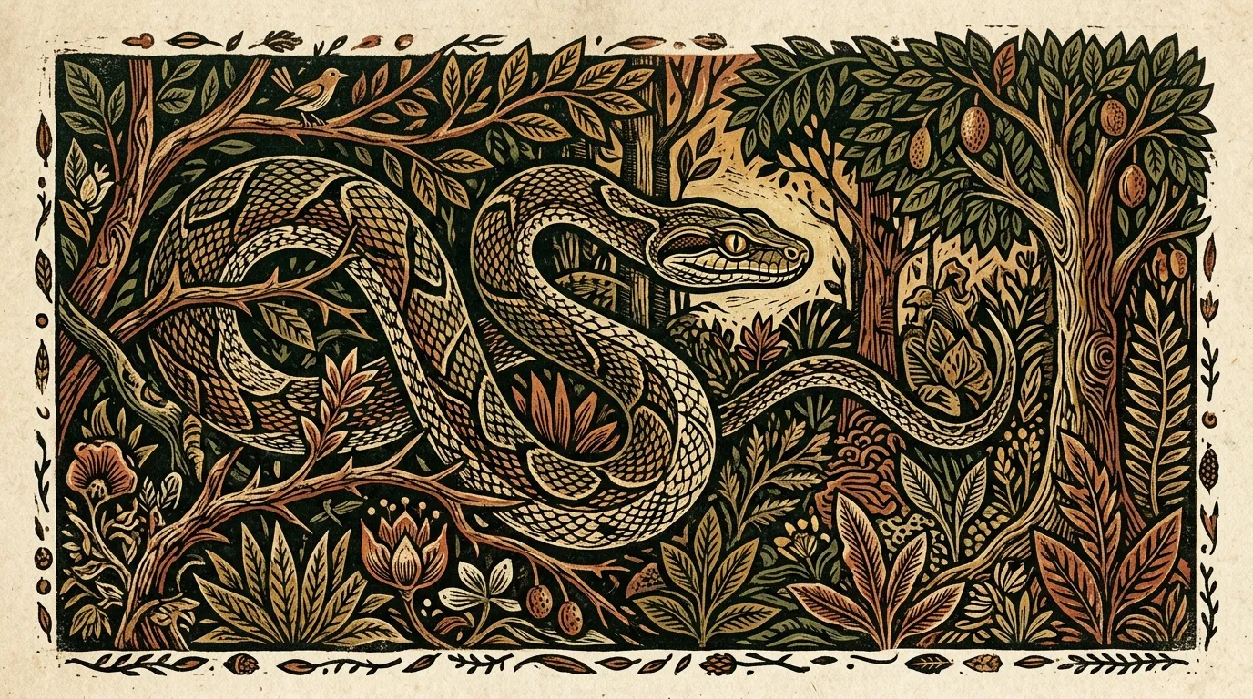 Serpente rastejando com atenção em xilogravura tradicional