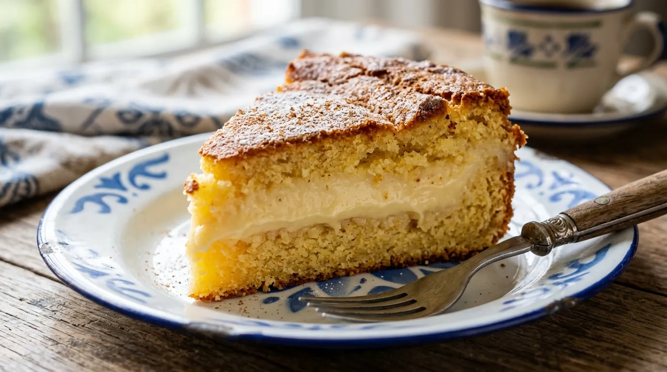 Fatia generosa de bolo de fubá cremoso mostrando a camada de creme úmida no pratinho com xícara de café