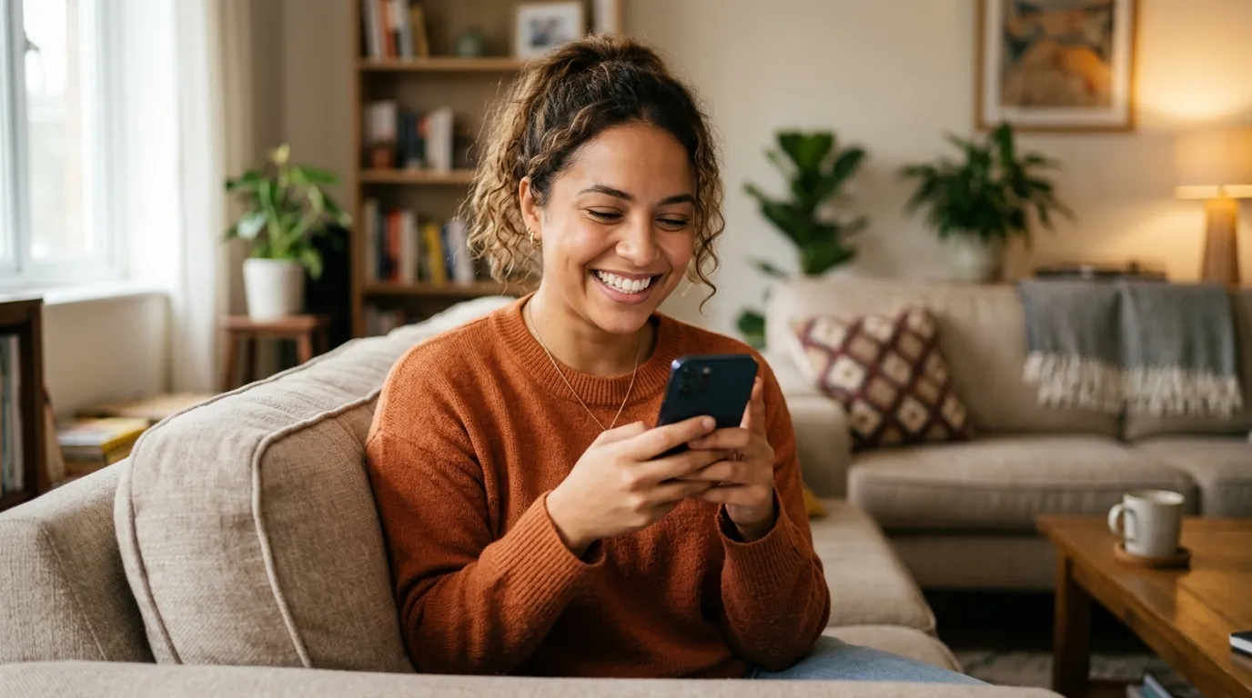 Pessoa sorrindo com celular rápido e sem travamento
