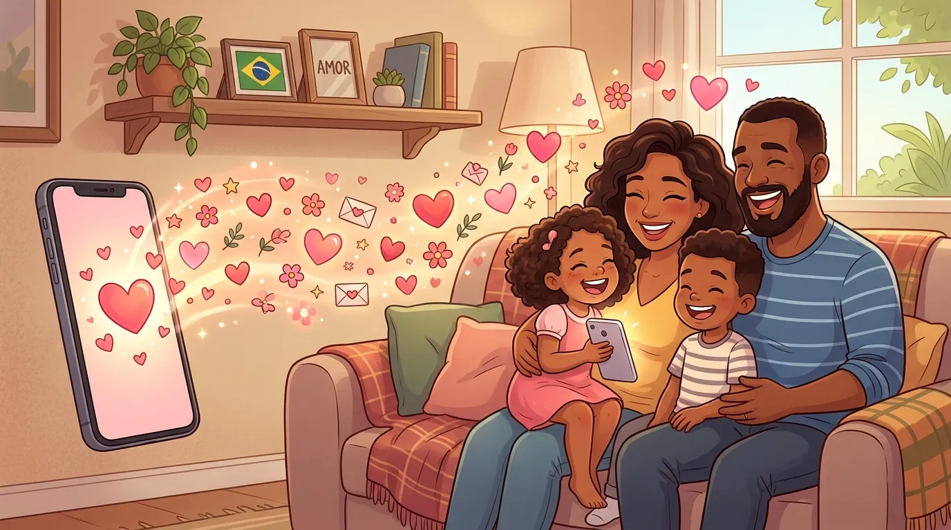 Smartphone enviando afeto e mensagens para a família