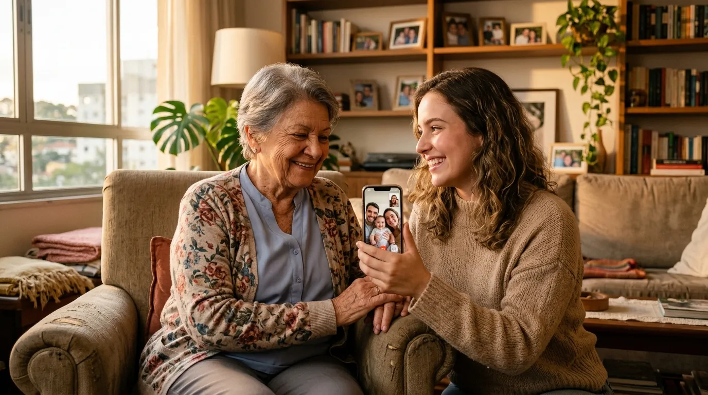 Duas pessoas de gerações diferentes conferindo uma videochamada juntas